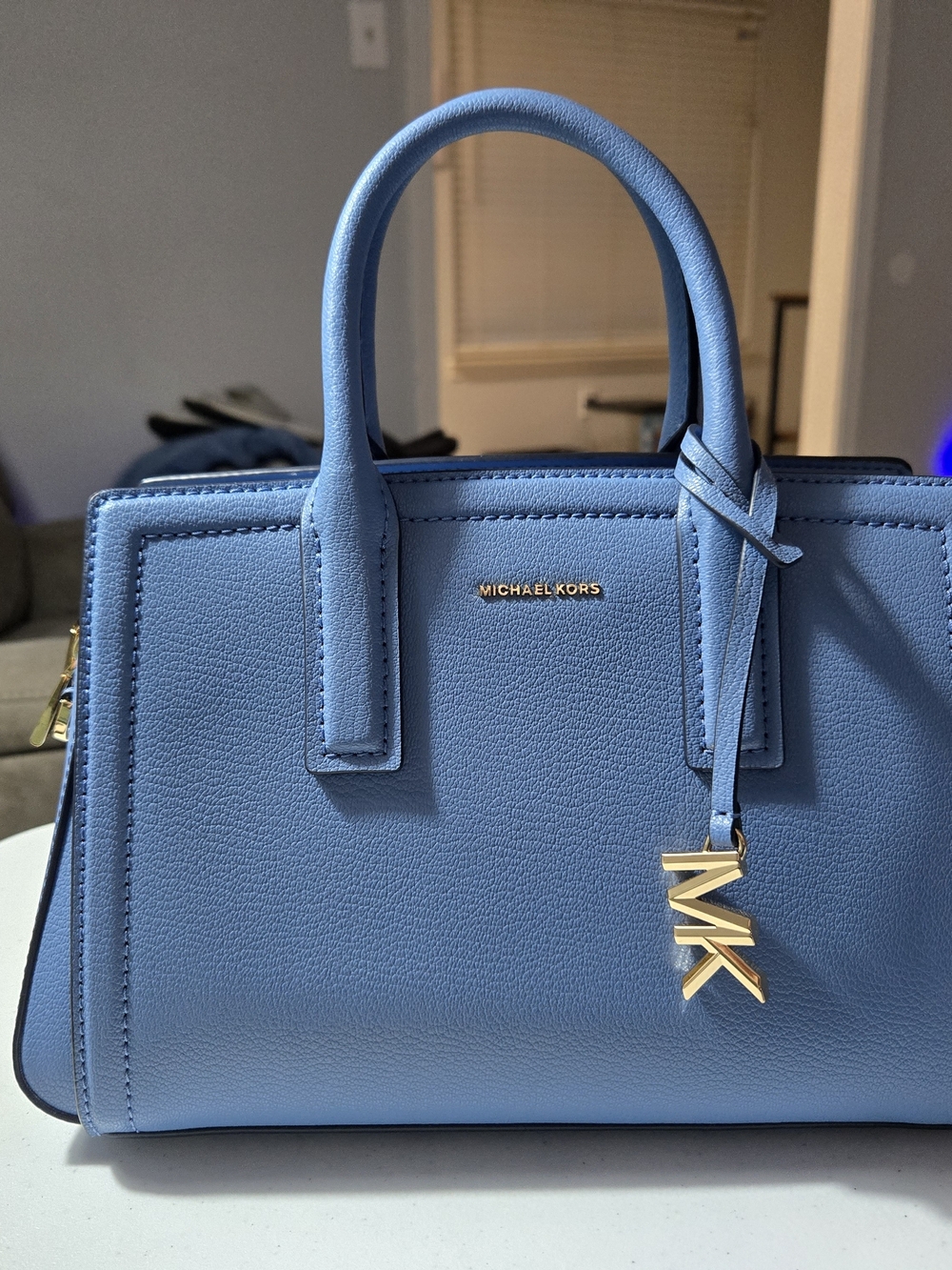 Michael Kors Sky Blue Pebbled Leather Satchel with MK Charm